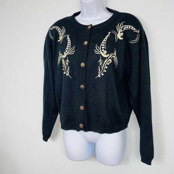 Vintage L'eau Vive Sweater Womens M Black Cardigan Wool Pinup Glam - Picture 5 of 7